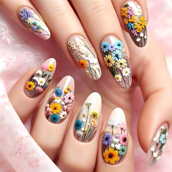 3D Floral Press On Nails, Almond Shape Wildflower Nail Tips, Handmade Embossed Fake Nails for DIY Manicure, Spring Flower Nail Art Accessories for Women Daily Wear & Salon Use