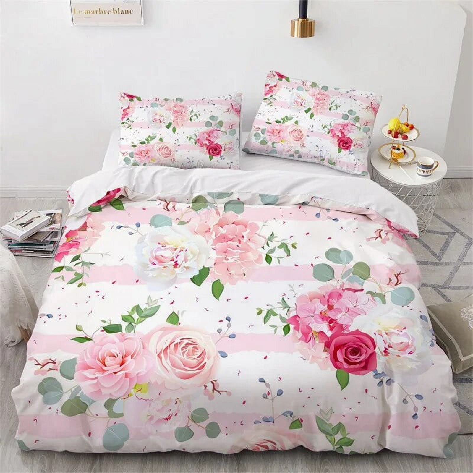3D Floral Rose Duvet Cover Pink Flowers Bedding Set Microfiber
