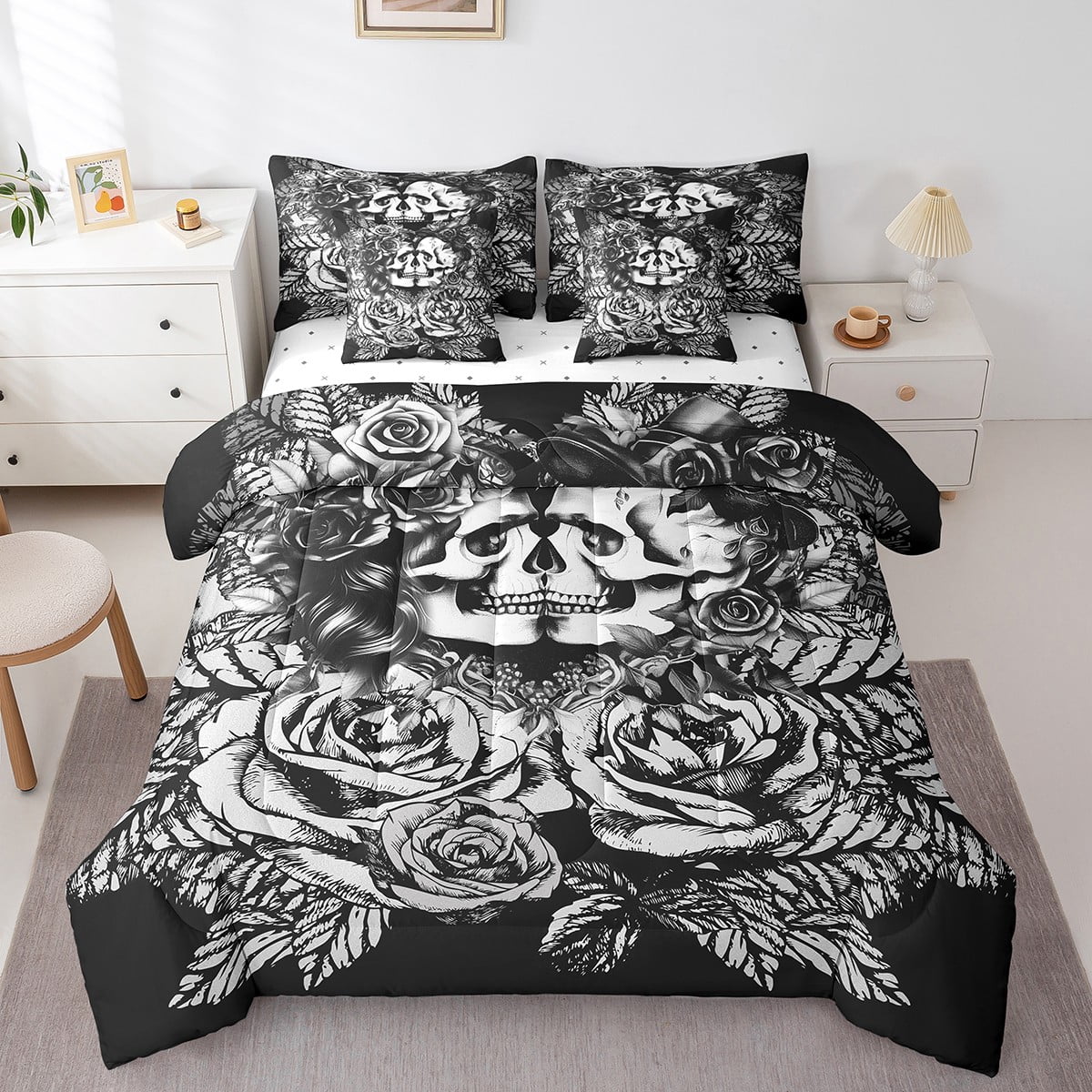 3D Floral Sugar Skull Comforter Sets with Sheets King 7Piece Gothic