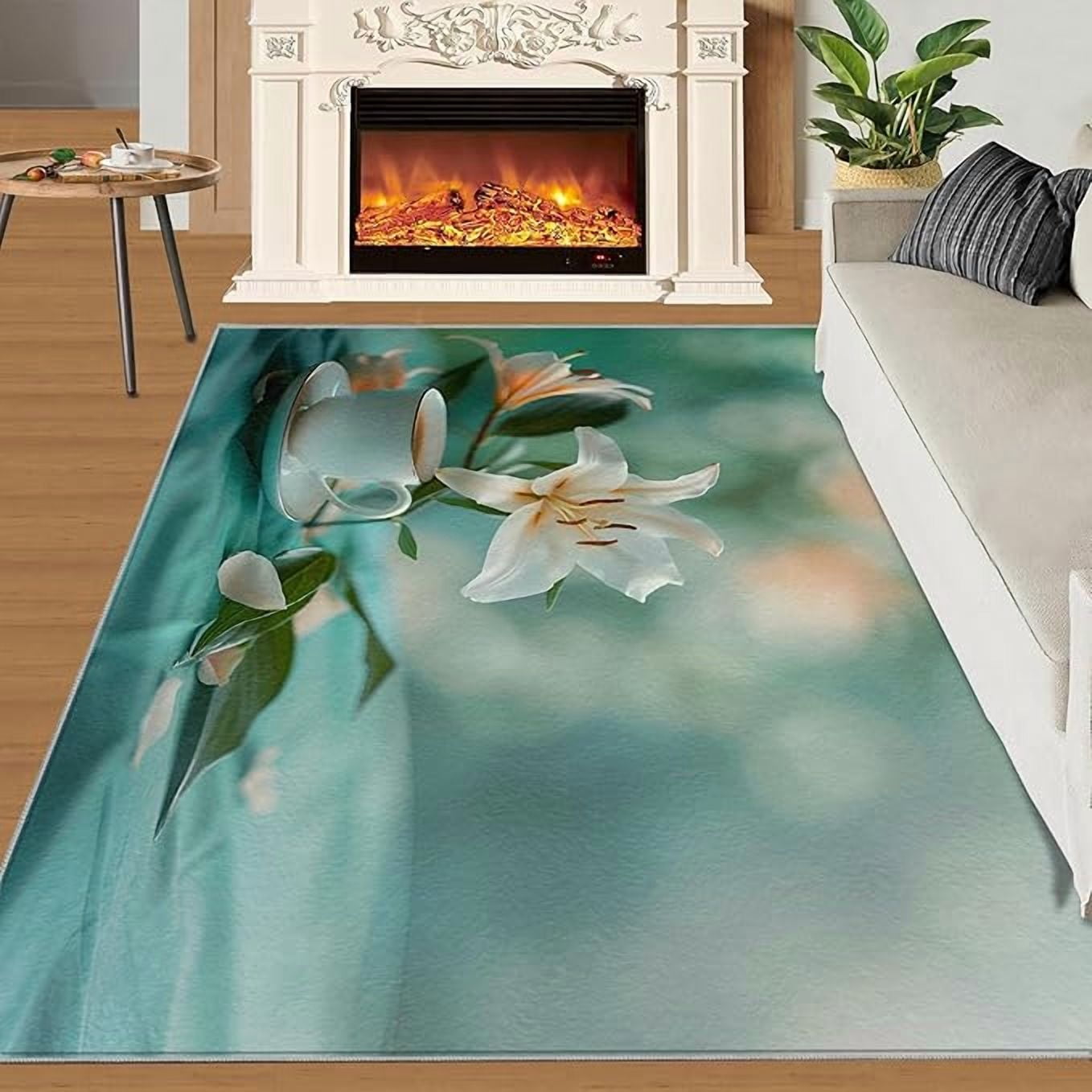 3D Floral Tea Cup Area Rug, Lily Flower Bedroom Rug Serene Style Living ...