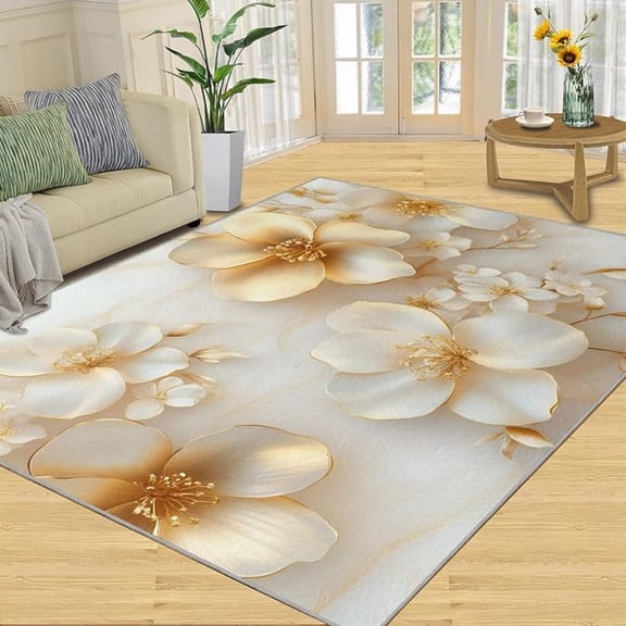 3D Florals Area Rug - Embossed Flowers Rugs For Living Room - Luxury Golden Rugs For Bedroom - Non Slip Low Pile Washable Indoor Carpet 3 x 4ft