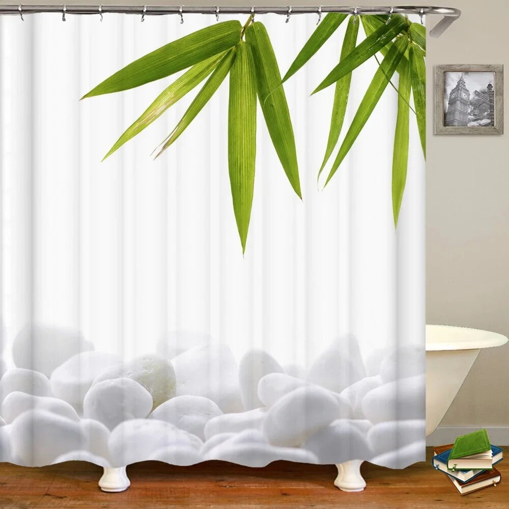3D Flower Bamboo Pebble Water Green Plant Shower Curtain Waterproof