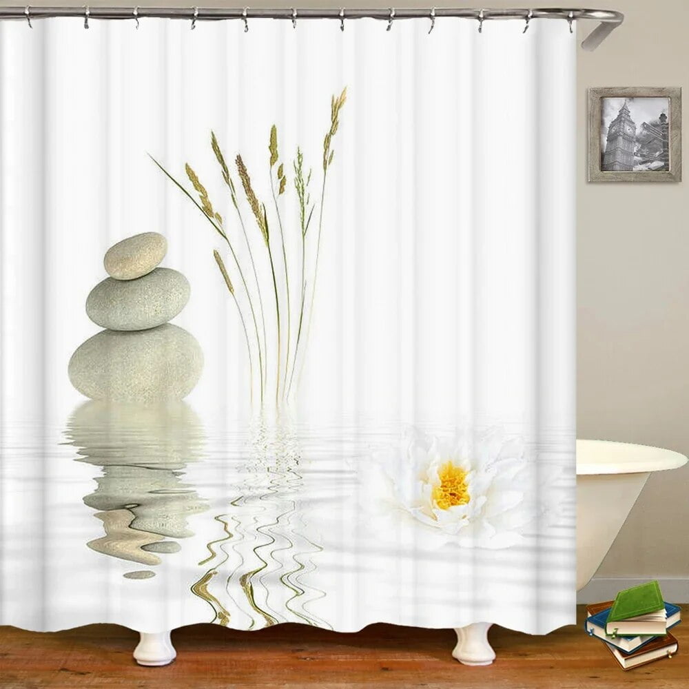 3D Flower Bamboo Pebble Water Green Plant Shower Curtain Waterproof