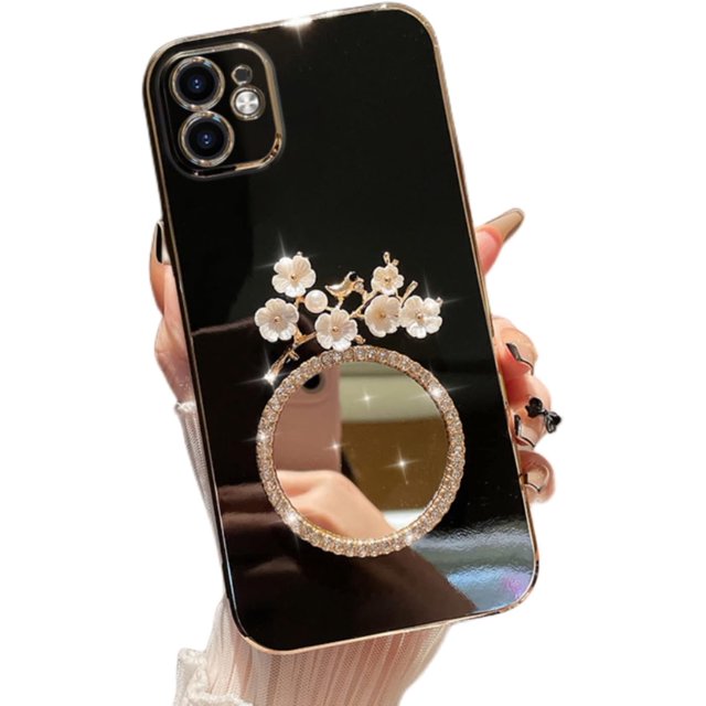 3D Flower Bird Soft TPU Bling Phone Case with Shiny Bezel Makeup Mirror