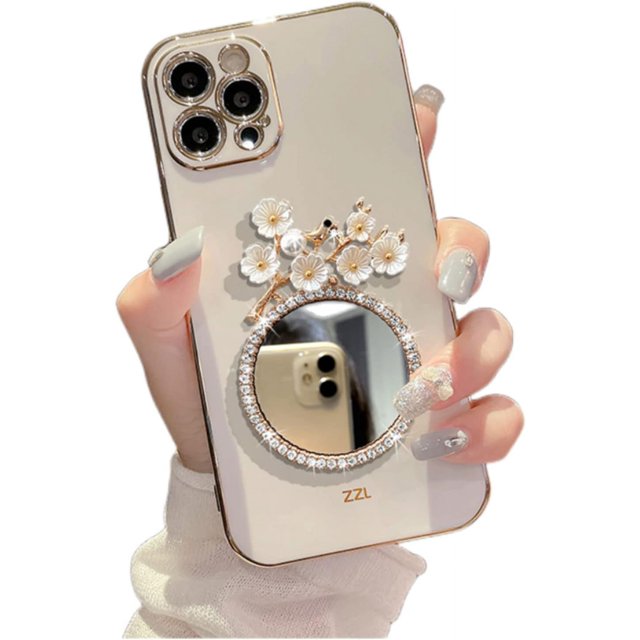 3D Flower Bird Soft TPU Bling Phone Case with Shiny Bezel Makeup Mirror
