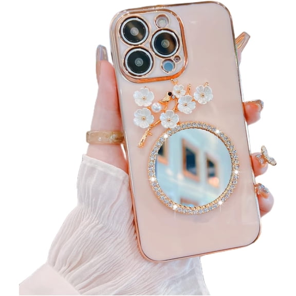 3D Flower Bird Soft TPU Bling Phone Case with Shiny Bezel Makeup Mirror for Samsung Galaxy Note 20 10 9 8 Ultra Pro Plus Back Cover, Personality Anti-Drop Bumper(Pink,Note 10 Pro)