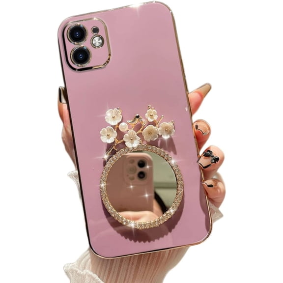 3D Flower Bird Soft TPU Bling Phone Case with Shiny Bezel Makeup Mirror for Samsung Galaxy Note 20 10 9 8 Ultra Pro Plus Back Cover, Personality Anti-Drop Bumper(Purple,Note 9)