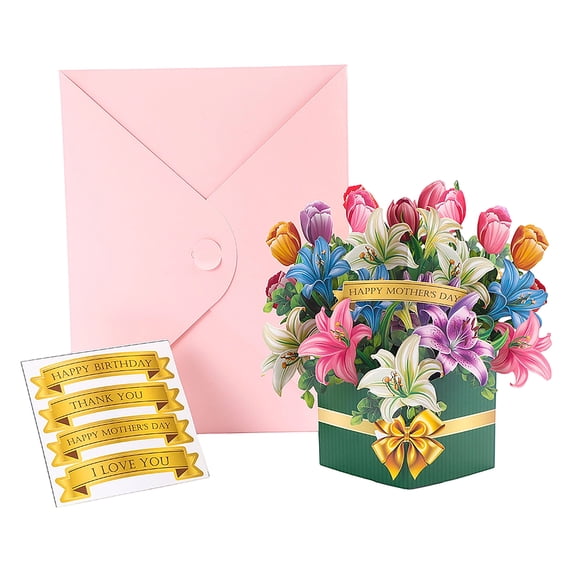 3D Flower Bouquet Pop Up Thank You Greeting Card Mothers Day Occasion New Mom Expecting Mother Joyful Message