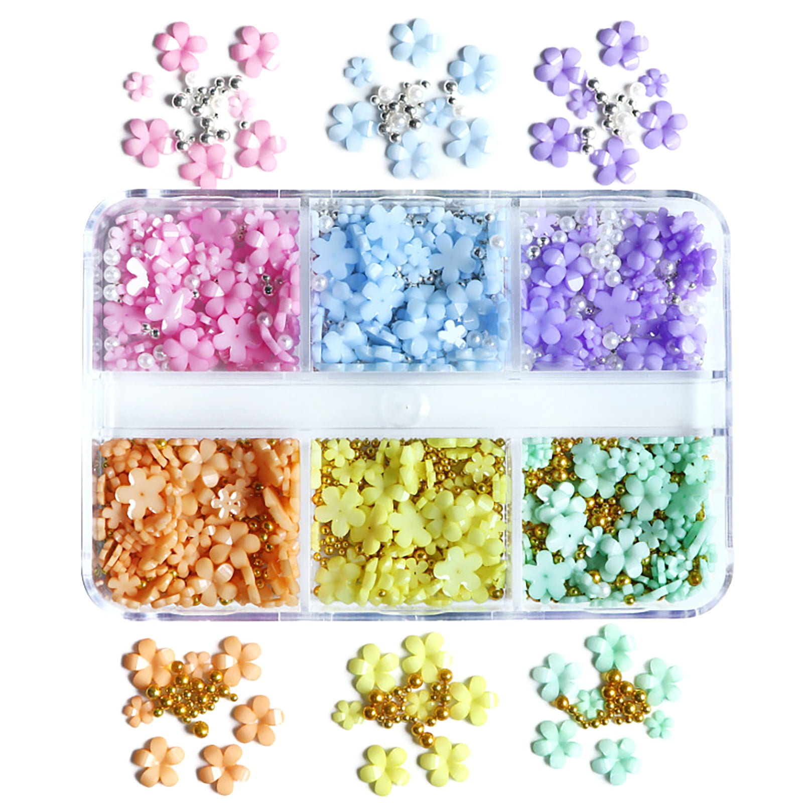 3D Flower Nail Arts Charms With Silver Beads Cute Five Petal Flower