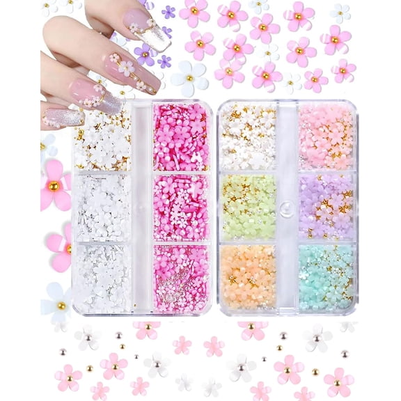 3D Flower Nail Charm Set, 2 Boxes of Cherry Blossom Spring Nail Decorations, Featuring Rhinestones, Pearls, and Caviar Beads, Over 300 Pieces for DIY Nail Art