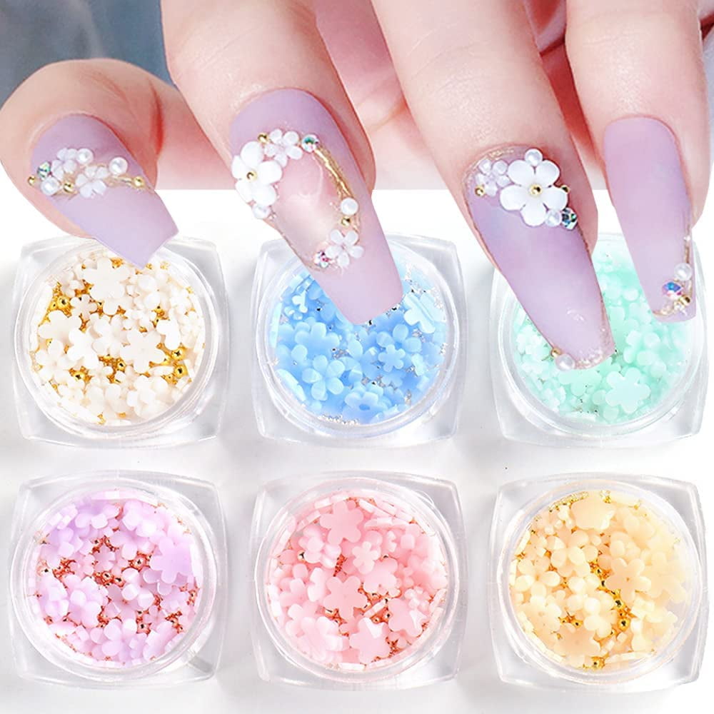Qdsuh 3D Flower Nail Charms for Acrylic Nails, 6 Grids 3D Nail Flowers Rhinestone Clear Pink Orange Yellow Cherry Blossom Summer Acrylic Nail Art Supplies
