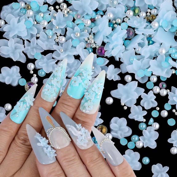 3D Flower Nail Charms for Nail Art,3D Flowers for Nails with Round Peals and Bubble Beads,Cute Resin Nail Art Charms for Nails DIY (Flowers-Blue)