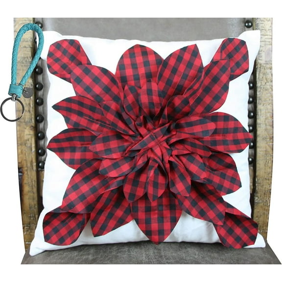 3D Flower Pillow, Buffalo Plaid Flower Decorative Throw Pillow  Cover – 17” Cotton Canvas – Elegant Handmade – Perfect for Home, Bed & Couch
