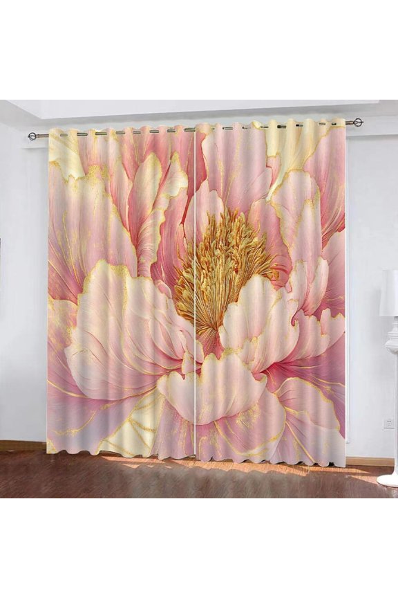 3D Flower Plants Blackout Curtains For Bedroom Living Room Golden Leaves Darkening Grommet Curtain Long Window Drapes Treatment Room Decor 38"W x 45"L (Pack of 2)