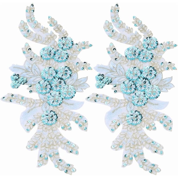 3D Flower Polyester Embroidery Sew on Appliques with Plastic Sequins Sewing Craft Decoration for Wedding Dress Cheongsam Light Blue 340~355x170x3mm