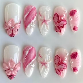 3D Flower Press on Nails Medium Almond French Tip Fake Nails Pink False Nails with Flower Stars Shell Pearls Designs Gradient Glossy Glue on Nail Reusable Full Cover Acrylic Nails for Women 24Pcs