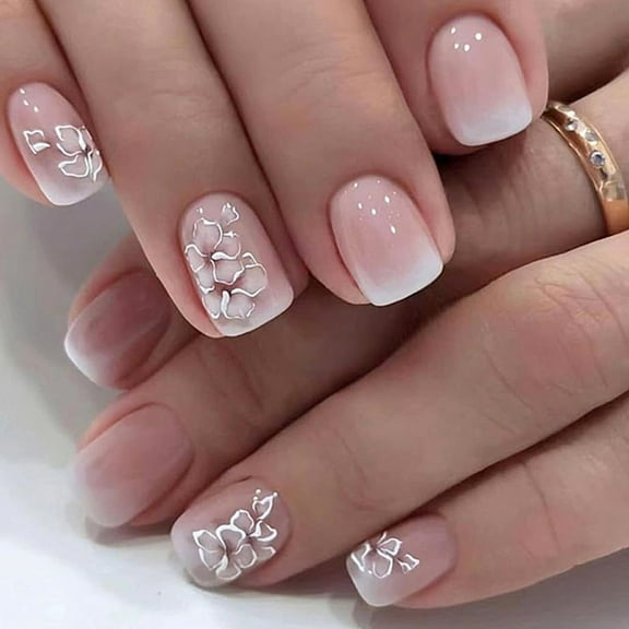 3D Flower Press on Nails Square Medium Fake Nails White French Tip False Nails with White Floral Designs Cute Acrylic Nails Press ons Summer Glue on Nails Reusable Stick on Nails for Women 24Pcs 10