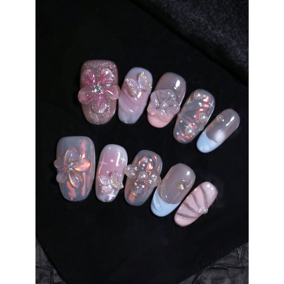 Handmade Short Oval Press on Nails with Bow Knots Nail Decorations, 3D Flower and Ribbon Pattern, 10 Pieces