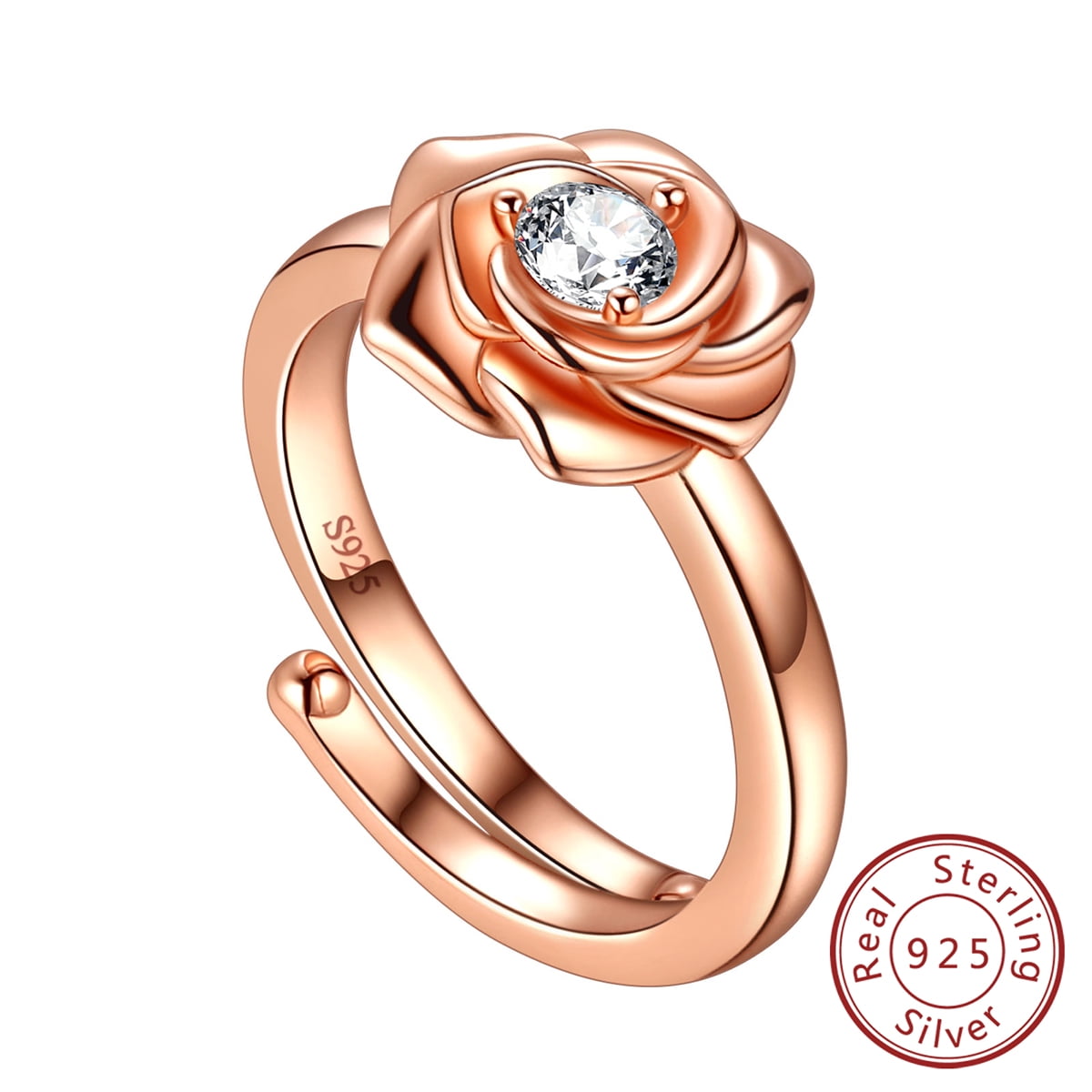 Hipunk 3D Rose Flower Ring, 925 Sterling Silver, Rose Gold Plated
