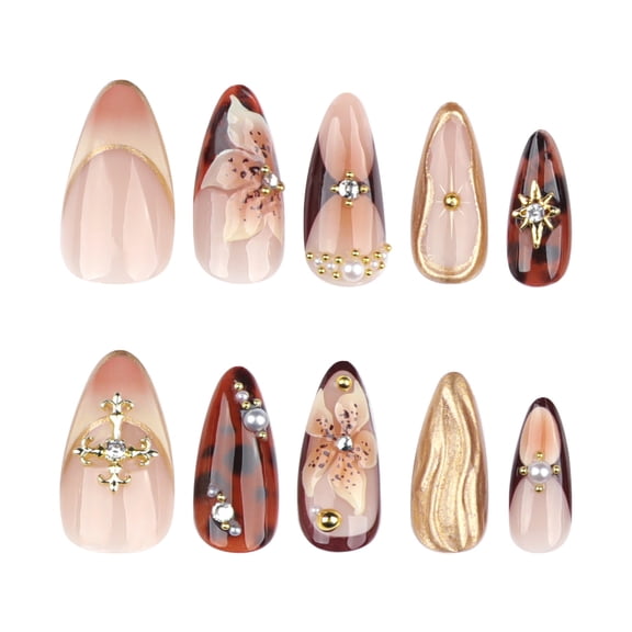 3D Flower Short Press On Nails Maillard Tortoiseshell Wearable Art