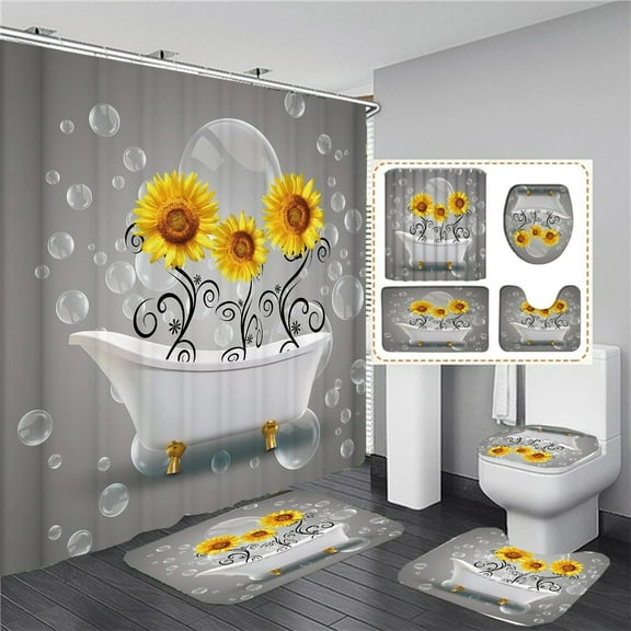 3D Flower Shower Curtain Set Bath Mats Rugs Sunflower Bathroom Sets Bathtub Curtains with Hooks Non-Slip Carpet Toilet Lid Cover