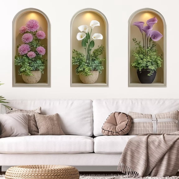 3D Flower Wall Stickers,Floral Plant Wall Decals for Living Room Home Decor, 3D Vase Botanical Art Mural Peel and Stick Wall Art Decals for Living Room Bedroom Office Wall Decor glass decals