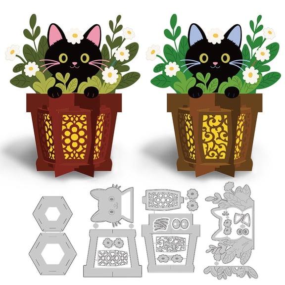 3D Flowerpot Cat Cutting Dies Leaf Lantern Metal Die Cuts for Card Making Embossing Stencils Dies Template for DIY Scrapbooking Photo Album Paper Cards Invitation Art Craft Party DIY