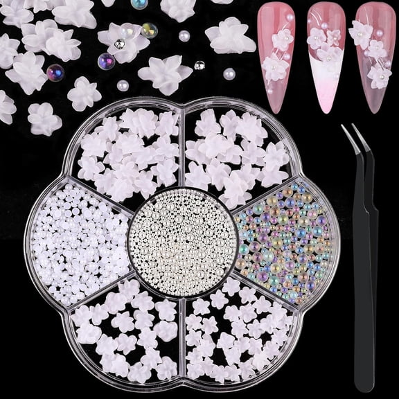3D Flowers Nail Charms for Nail Art, 3D Acrylic Flower for Nails with Bubble Beads Caviar Beads Flatback Pearls with Tweezer for DIY Manicure (Flower-White)