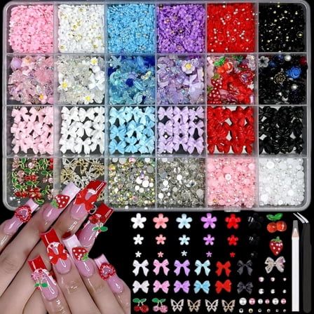 3D Flowers Nail Charms Y2K Kit, Metal Butterfly Cherry Colorful Bow Nail Charms for Nails Art Gems, Flatback Pearls Charms for Nails Bows Manicure DIY Crafts Jewelry Nail Accessories