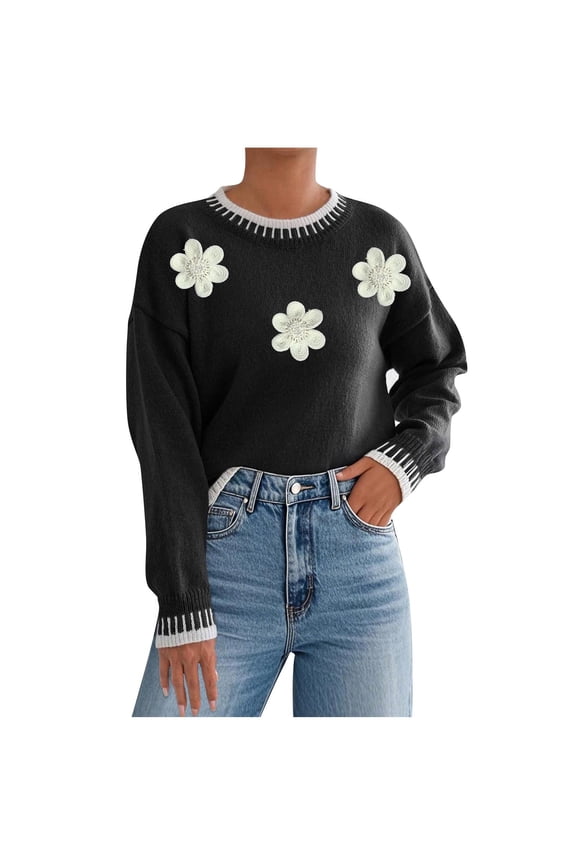 3D Flowers Patch Sweaters for Women Pullover 2025 Fall Winter Knitted Crewneck Going Out Casual Sweater Tops