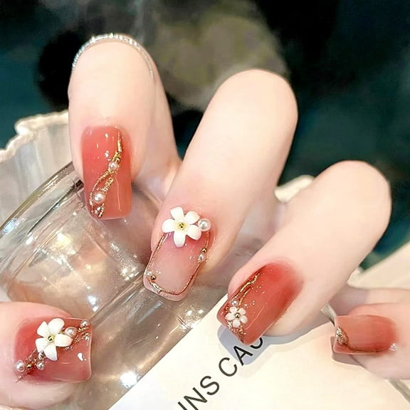 3D Flowers Press on Nails Medium Square Pink With Pearl Designs False Nails Coffin Gold Line Fake Nails Full Cover Glue on Nails Acrylic Three-Dimensional Floral Artificial Nails Stick on Nails 24Pcs