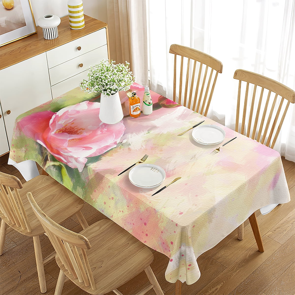 3D Flowers Rose Tree Tablecloth Watercolor Art Drawing Rectangle Table