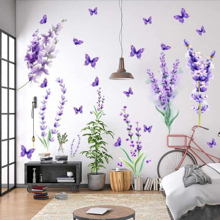 3D Flowers Wall Decals Purple Lavender Wall Stickers Flower Plant Butterfly Decoration DIY Removable Garden Lavender Floral Wall Art Decor for Kids