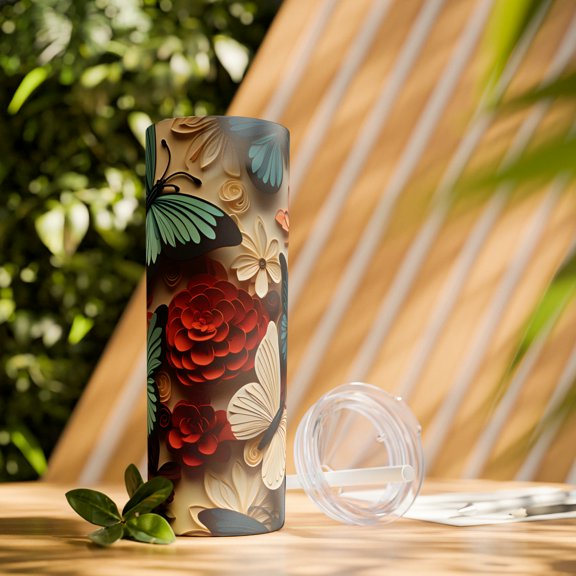 3D Flowers and Butterflies Skinny Tumbler with Straw, 20oz