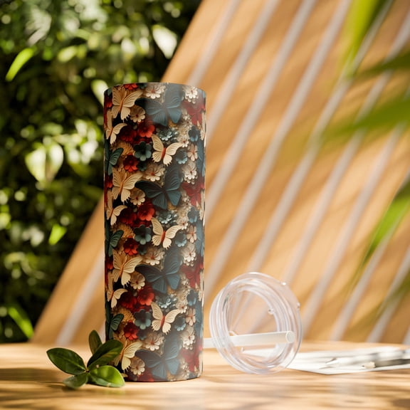 3D Flowers and Butterflies Skinny Tumbler with Straw, 20oz