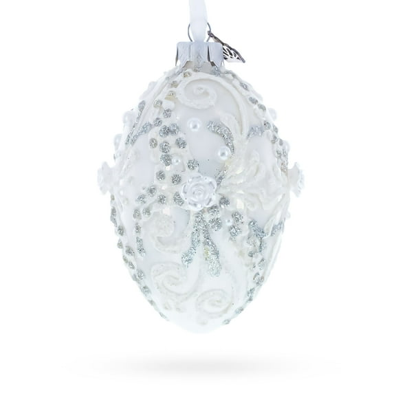 Silver Glitter Scrolls, Pearls & Rose Accents Winter Elegance Glass Egg Ornament 4 Inches