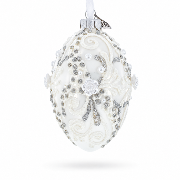 Silver Glitter Scrolls, Pearls & Rose Accents Winter Elegance Glass Egg