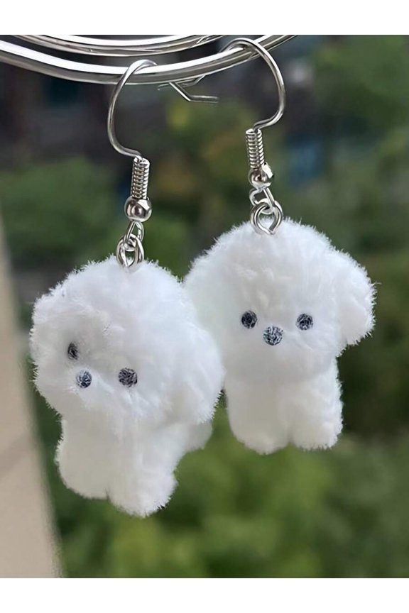 3D Fluffy Puppy Dangle Earrings With Silvertone Hooks, White Faux Fur