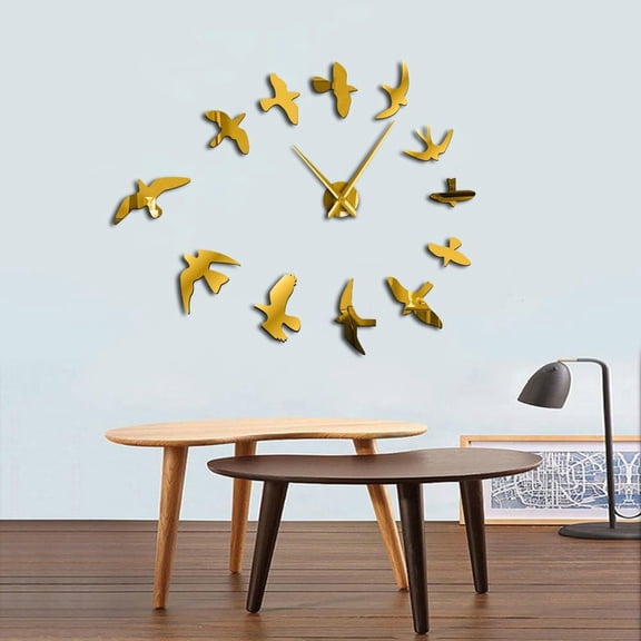 3D Fly Birds Mirror Large Wall Clock Sticker Animal Frameless DIY Giant Time Clock Huge Modern Design Clock Watch Decor(Gold,47inch)