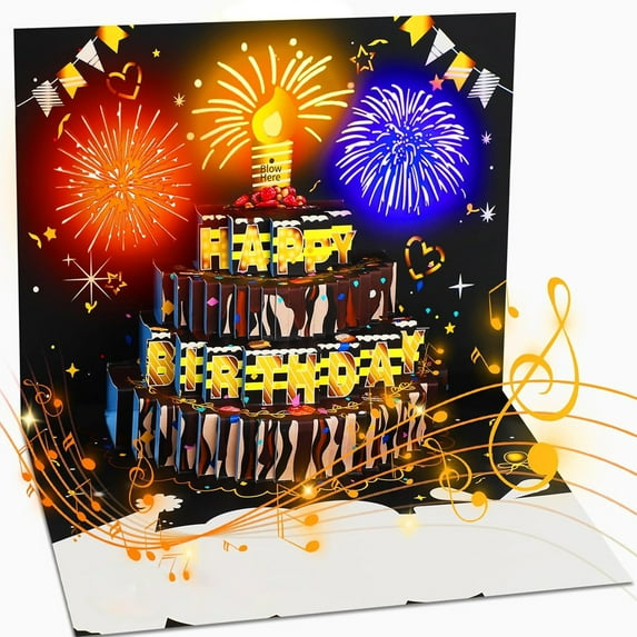 3D Fly-out Birthday Card Light Music Happy Birthday Glowing Greeting Card with Cake Design Interactive Birthday Card