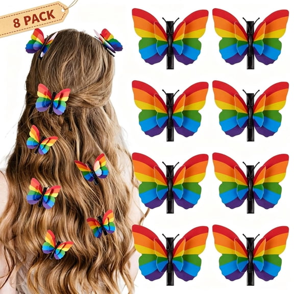 3D Foldable Rainbow Butterfly Alligator Hair Clips 8 PACK for Women, Vibrant Layered Wing Side Barrettes,Non Slip Party Pride Month Celebration Decorative Hair Grips for Daily Hairstyling Accessories