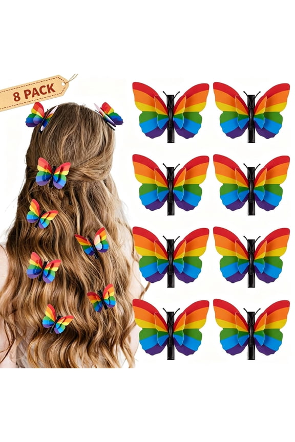 3D Foldable Rainbow Butterfly Alligator Hair Clips 8 PACK for Women, Vibrant Layered Wing Side Barrettes,Non Slip Party Pride Month Celebration Decorative Hair Grips for Daily Hairstyling Accessories
