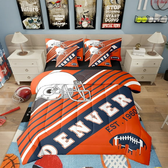 3D Football City Comforter Set Twin Size Bed In A Bag, 7 Pieces American Football Bedding With Sheets, 1 Comforter   Flat Sheet   Fitted Sheet   2 Pillowcases   2 Throw Pillow Covers (Denver)
