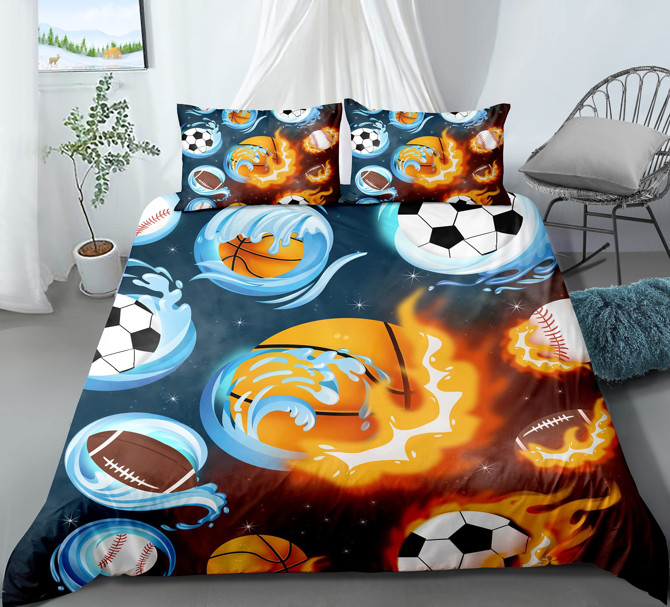 3D Football Duvet Cover Soccer for Kids Teens Boys Ball Sports White