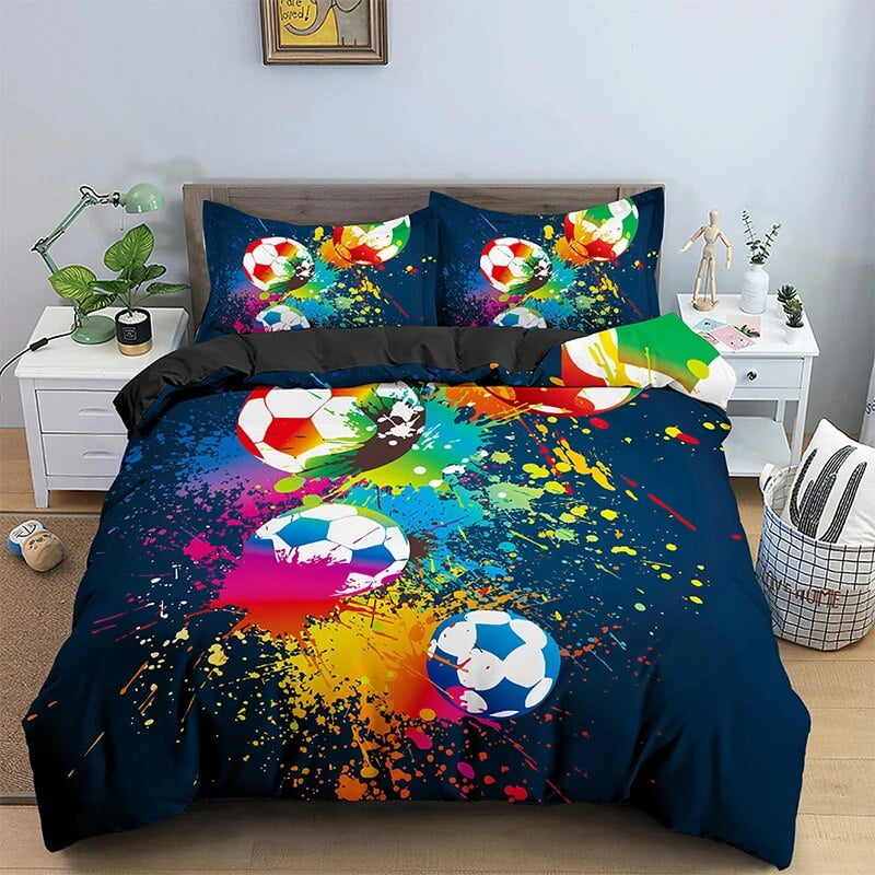 3D Football Print Duvet Cover /King Size Soccer Sport Bedding Set for