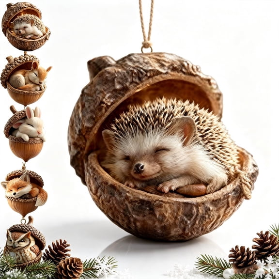 3D Forest Animal Acorn Ornaments, Woodland Animal Ornaments Tree Decor Realistic Figurine in Acorn Shell Hanging for Christmas Tree Home Party Decor, Woodland Theme Gift for Animal Lover