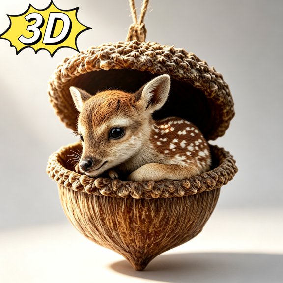 3D Forest Animal Acorn Ornaments, Woodland Christmas Decor - Realistic Deer Resin Figurine in Acorn Shell Hanging for Christmas Tree Home Decor, Cozy Forest Theme Gift for Animal Lover - Akmoler