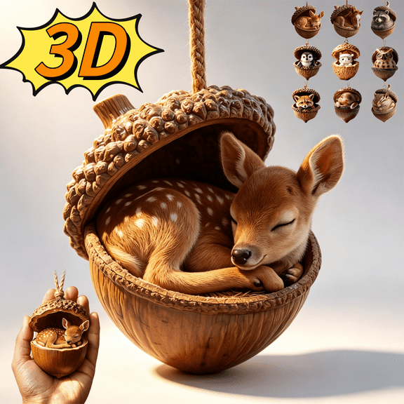 3D Forest Animal Acorn Ornaments, Woodland Christmas Decor - Realistic Reindeer Resin Figurine in Acorn Shell Hanging for Christmas Tree Home Decor, Cozy Forest Theme Gift for Animal Lover - Akmoler