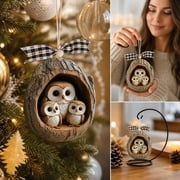 3D Forest Animal Ornaments, Resin Christmas Tree Hanging Sphere Decoration for Indoor Holiday Scene Layout and Seasonal Decor Gift, 3.1"Night Owl Family
