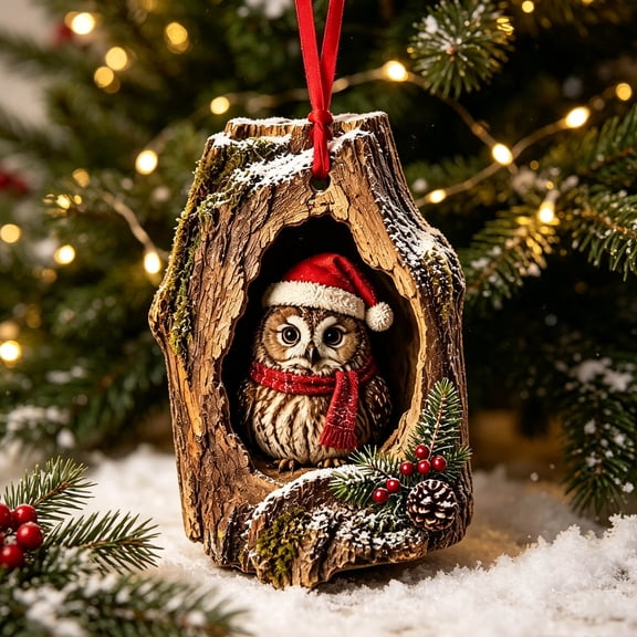 3D Forest Animal Tree Hole Ornaments, Woodland Christmas Decor with Realistic Animal Figures, Resin Hanging Ornaments for Christmas Tree, Home, Party Decor, Cozy Forest Theme Collection